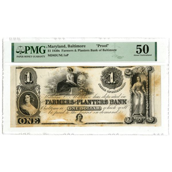 MD. Farmers & Planters Bank of Baltimore, ND (1830s), One of only 2 examples known, Obsolete Proof B
