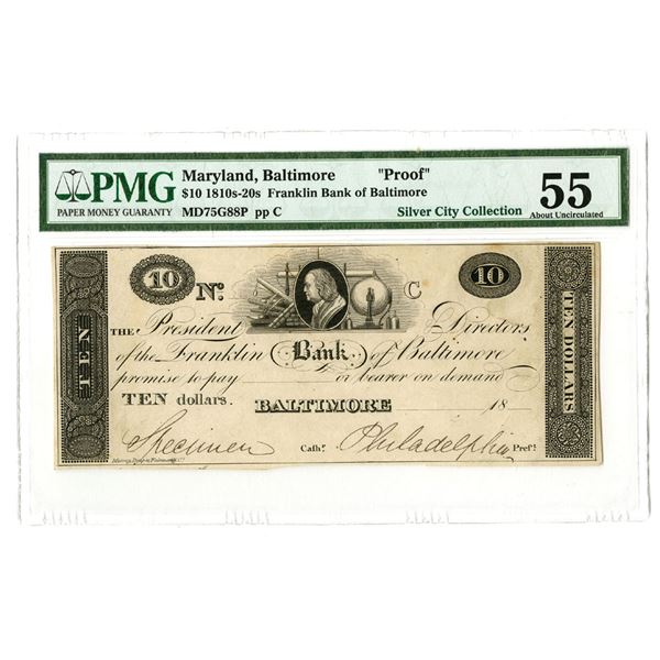 MD. Franklin Bank of Baltimore, ND (1810s-20s) Unique Obsolete Proof Banknote.