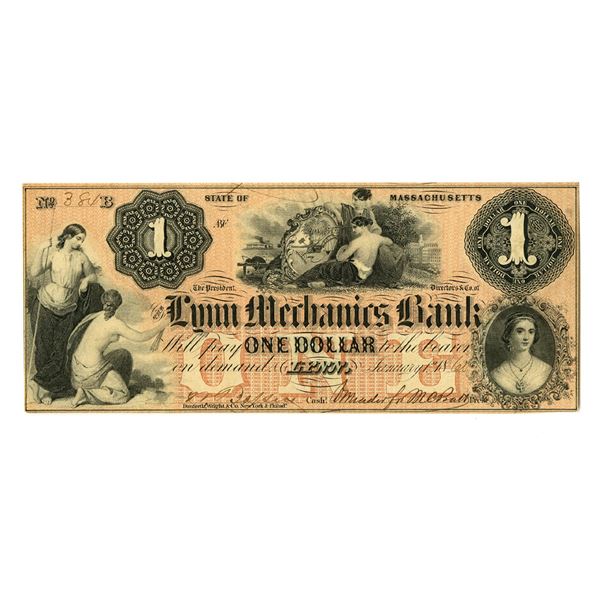 MA. Lynn Mechanics Bank, 1860 One Dollar Issued Obsolete Banknote