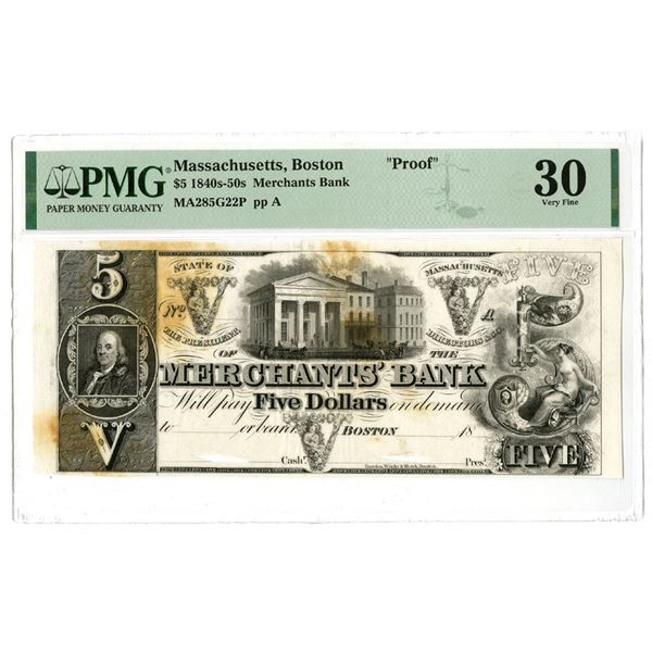 MA. Merchants Bank, ND (1840s-50s), Unique Obsolete Proof Banknote.