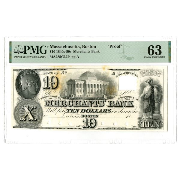 MA. Merchants Bank, ND (1840s-50s), Unique Obsolete Proof Banknote.
