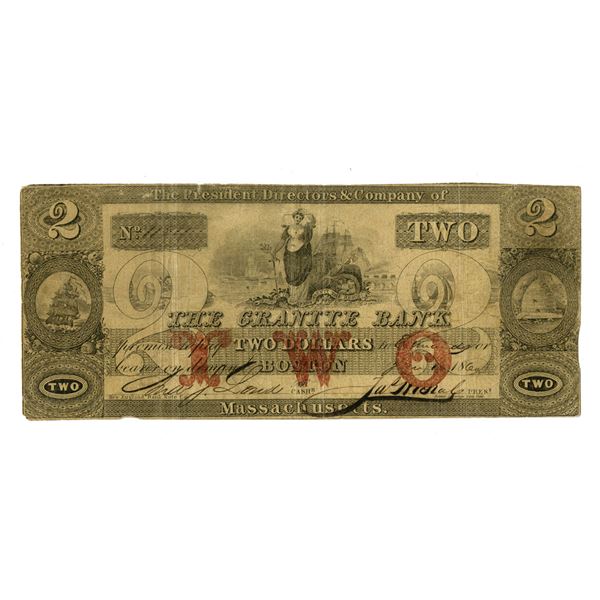 MA. The Granite Bank, Boston, Massachusetts. Two Dollars. 1860. Issued Obsolete Banknote.