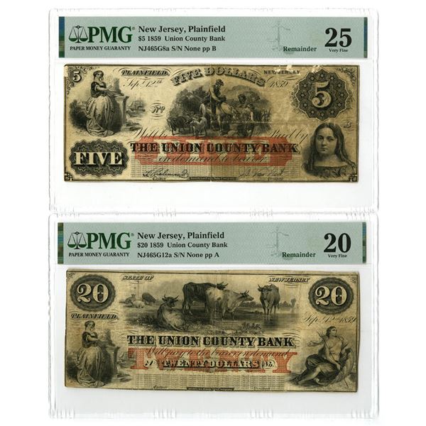 NJ. Union County Bank, 1859, Obsolete Banknote Pair.