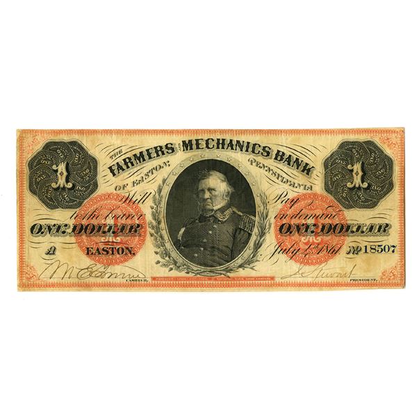 PA. Farmers and Mechanics Bank, 1861 One Dollar Obsolete Banknote.