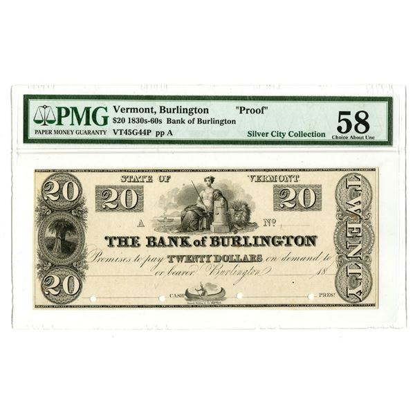 VT. Bank of Burlington, ND (1830s-40s), Obsolete Banknote Proof From the Silver City Collection Disc