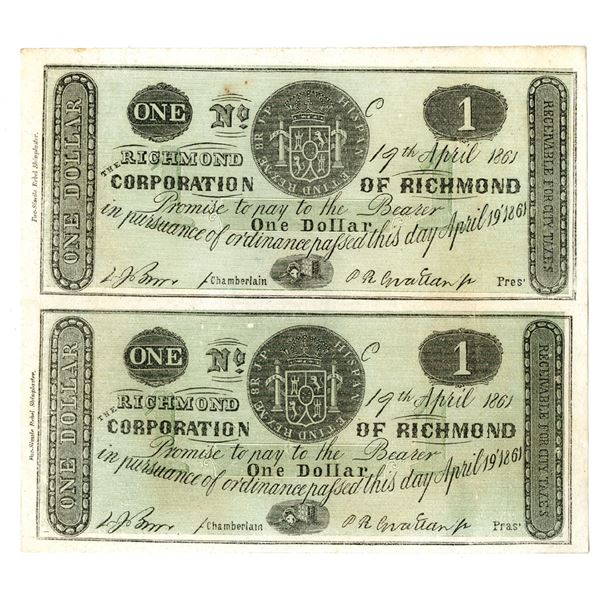 VA. Corporation of Richmond, 1861, Uncut Pair of Contemporary Facsimile Rebel Shinplaster Obsolete N