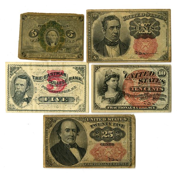 U.S. Fractional Currency, 1863 to 1874, Group of 5 Issued Banknotes.