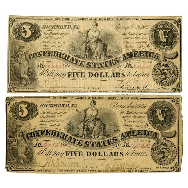 VA. Confederate States of America, 1861, Issued Banknote Pair.
