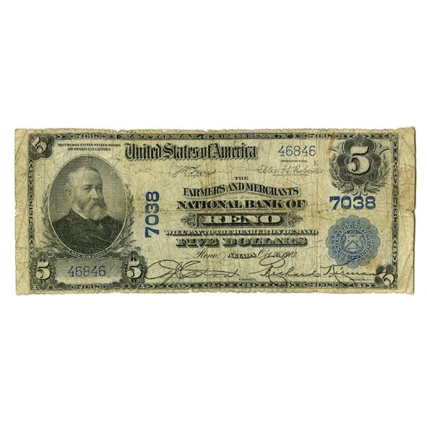 NV. Farmers and Merchants National Bank of Reno, Nevada, $5,  Series of 1902 PB Ch# 7038, Issued Ban