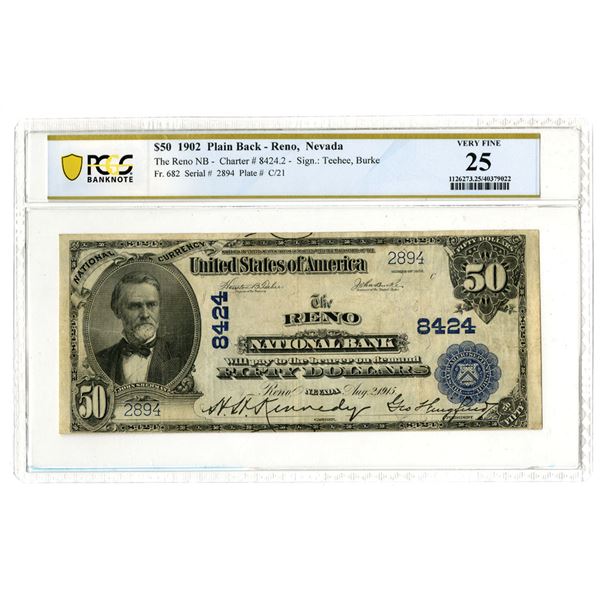 NV. Reno National Bank, Nevada. $50,  Series of 1902 PB, Ch# 8324, Fr. 682, PCGS VF 25.