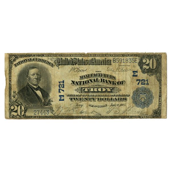 NY. Manufacturers National Bank of Troy, New York, $20 PB, Series of 1902, Ch# E-721, Issued Banknot