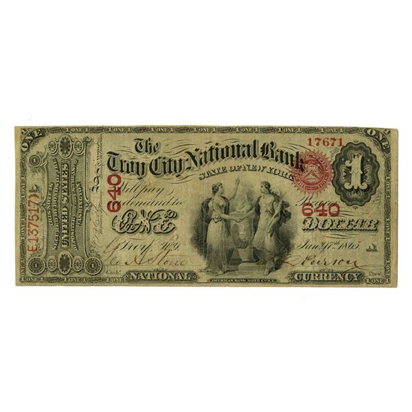 NY. Troy City National Bank, New York, $1, Series of 1865, Ch# 640, Issued Banknote.