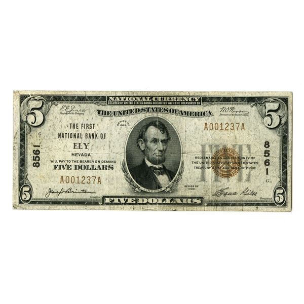 NV. First National Bank of Ely, Nevada. $5 T1,  Series of 1929, Ch# 8561, Choice Fine to VF.