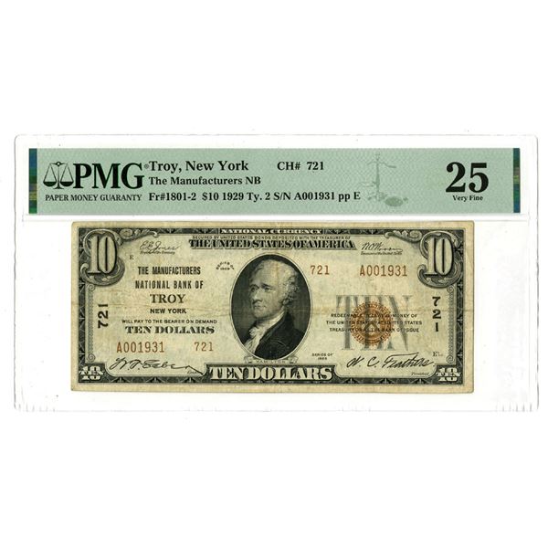 NY. Manufacturers National Bank of Troy, New York, $10 Series of 1929, Type 2, Ch# 721, Issued Bankn