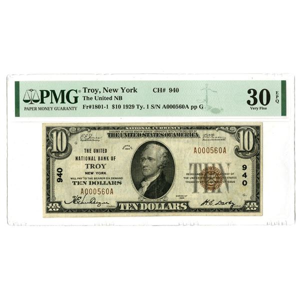 NY. National City Bank of Troy, New York, $10 T1, Series of 1929, Ch# 940, Issued National Banknote.