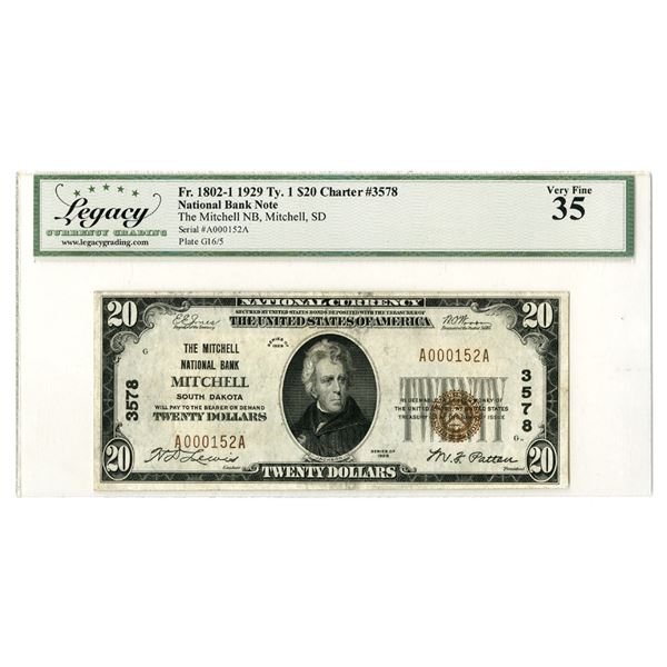 SD. Mitchell National Bank, South Dakota, $20, Series of 1929, T1, Ch# 3578, Issued Banknote.