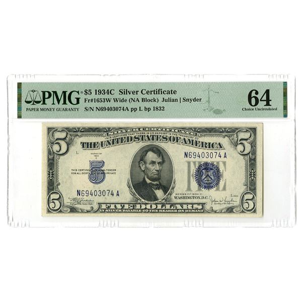 U.S. Silver Certificate, $5, Series of 1934C, Fr#1653W, Issued Banknote.
