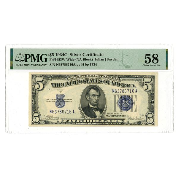 U.S. Silver Certificate, $5, Series of 1934C, Fr.1653W Wide (NA Block), Issued Banknote.