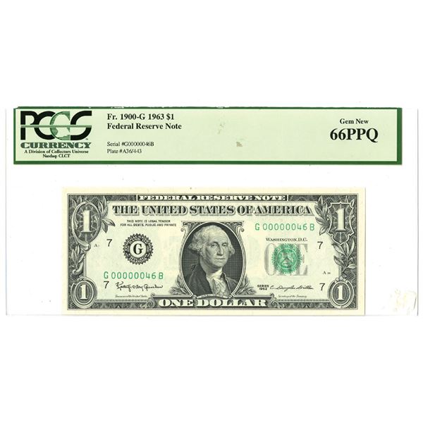 IL. Federal Reserve Note, $1, Fr.# 1900-G, Series 1963, With Low Serial #G 46 B Issued Banknote