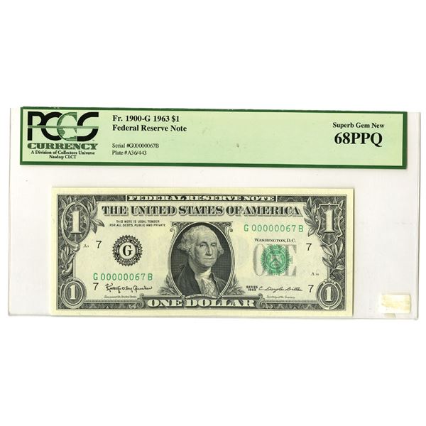 IL. Federal Reserve Note, $1, Fr.# 1900-G, Series 1963, With Low Serial #G 67 B Issued Banknote