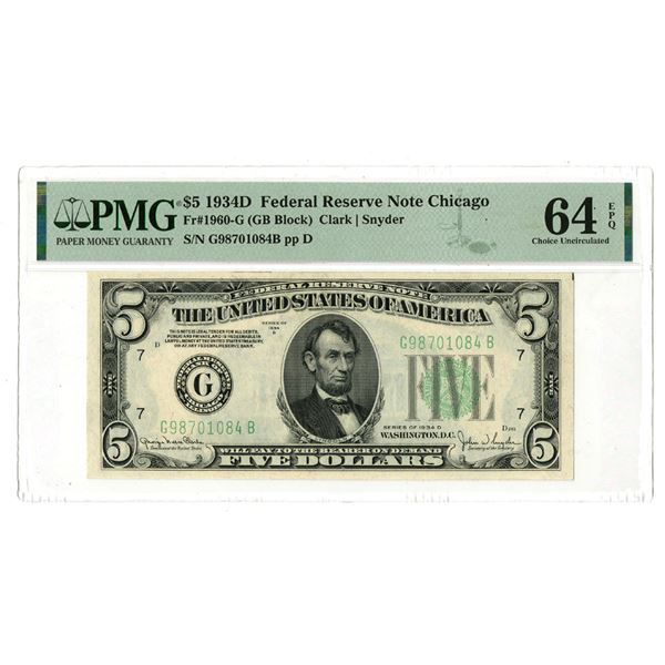 IL. U.S. Federal Reserve Notes, $5, Series of 1934D, Fr.# 1960-G, Issued Banknote.