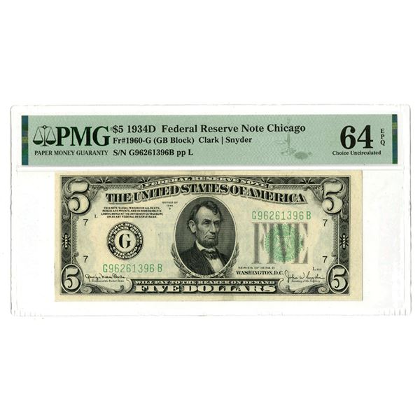 IL. U.S. Federal Reserve Notes, $5, Series of 1934D, Fr.# 1960-G, Issued Banknote.