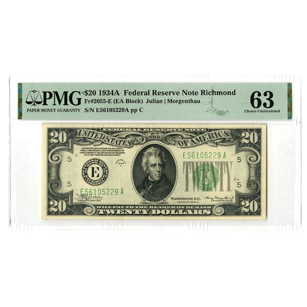 VA. U.S. Federal Reserve Note, $20, Series of 1934A, Fr.# 2055-E, Issued Banknote.