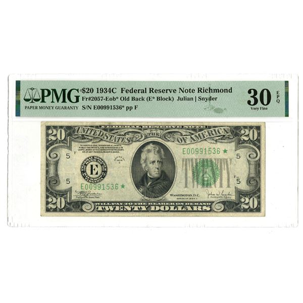 VA. U.S. Federal Reserve Note, $20, Series of 1934C, Fr.# 2057-Eob*, Issued Star Note