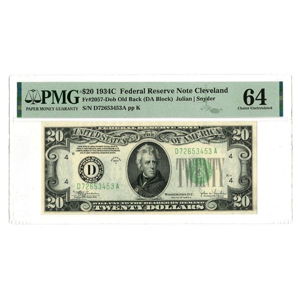 OH. U.S. Federal Reserve Note, $20, Series of 1934C, Fr.# 2057-Dob, Issued Banknote.