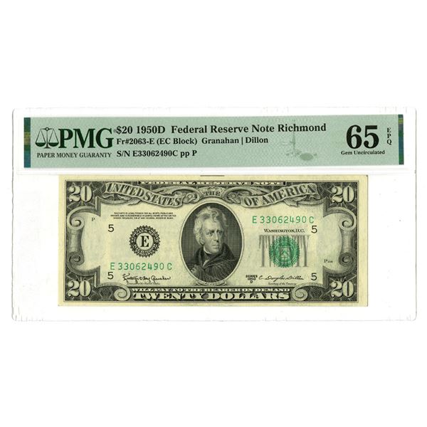 VA. U.S. Federal Reserve Note, $20, Series of 1950D, Fr.# 2063-E, Issued Star Note.