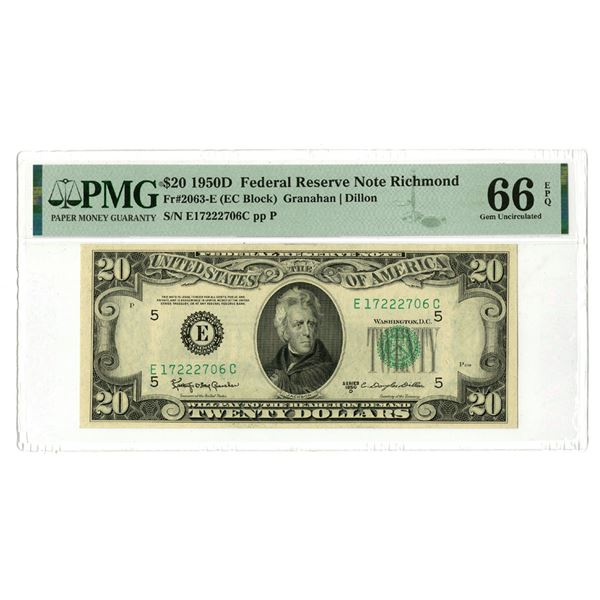 VA. U.S. Federal Reserve Note, $20, Series of 1950D, Fr.# 2063-E, Issued Star Note.