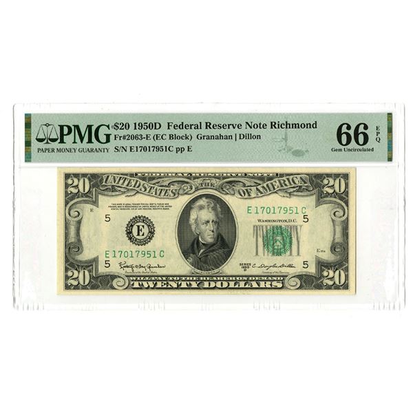 VA. U.S. Federal Reserve Note, $20, Series 1950D, Fr.# 2063-E, Issued Banknote.
