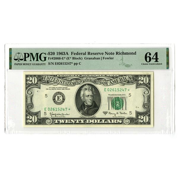 VA. U.S. Federal Reserve Note, $20, Series of 1963A, Fr.# 2066-E*, Issued Star Note.