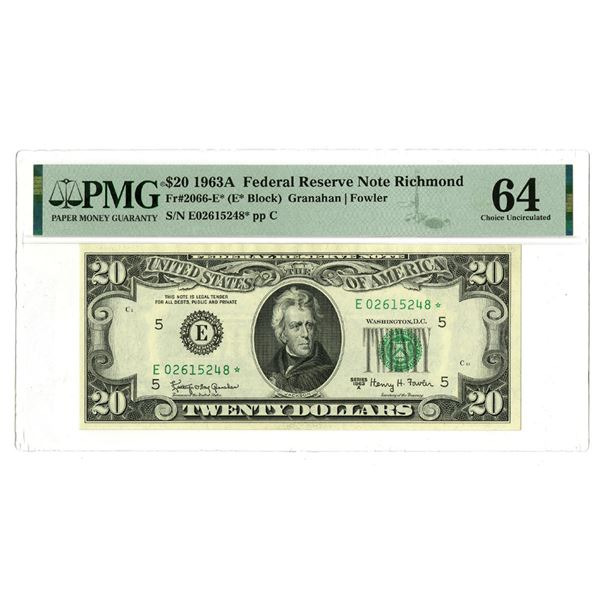 VA. U.S. Federal Reserve Note, $20, Series of 1963A, Fr.# 2066-E*, Issued Star Note.