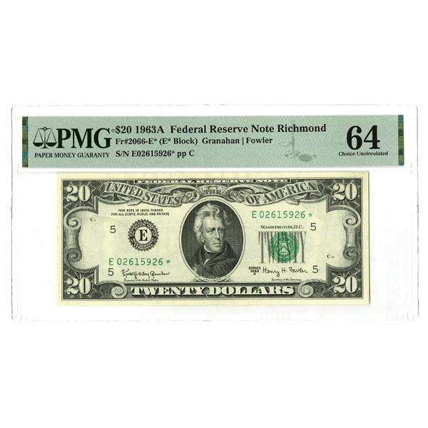 VA. U.S. Federal Reserve Note, $20, Series of 1963A, Fr.# 2066-E*, Issued Star Note.