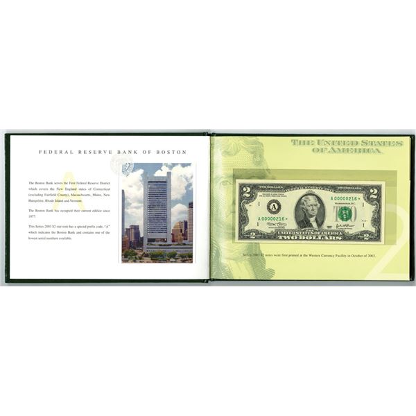 BEP $2, 2003 Premium Federal Reserve Set  of 12 Uncirculated Replacement Notes from each District wi