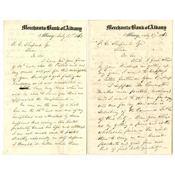 NY. Merchants Bank of Albany, 1863, Pair of Letters Requesting Firearms