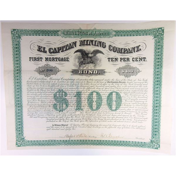 El Capitan Mining Co. 1882 I/U Coupon Bond Signed by J. Adriance Bush as trustee.