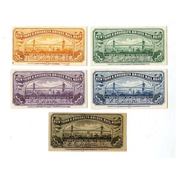 New York & Brooklyn Bridge Rail Road, 1880's, Group of 5 specimen and Proof Train Tickets.