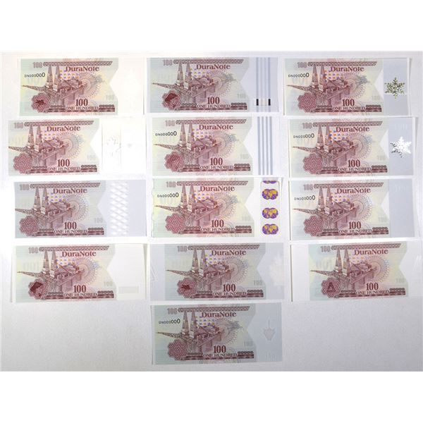U.S. & Canada. DuraNote Polymer Test-Advertising Notes, ca.1980-1990s with 13 Different Security Dev