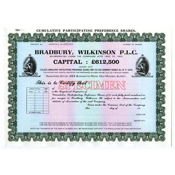 UK. Bradbury, Wilkinson P.L.C., ND (ca.1960s), Specimen Stock Certificate