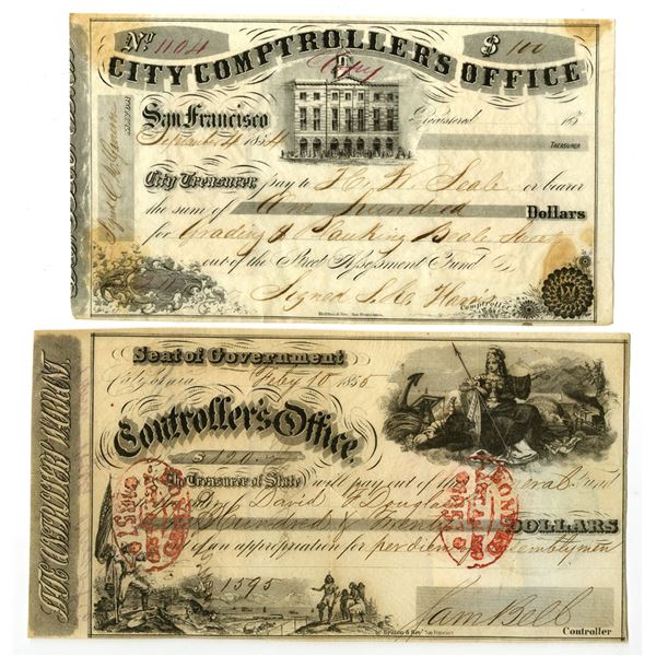 CA. City and State Comptroller's Office, 1854 and 1855, I/C Warrant Pair.