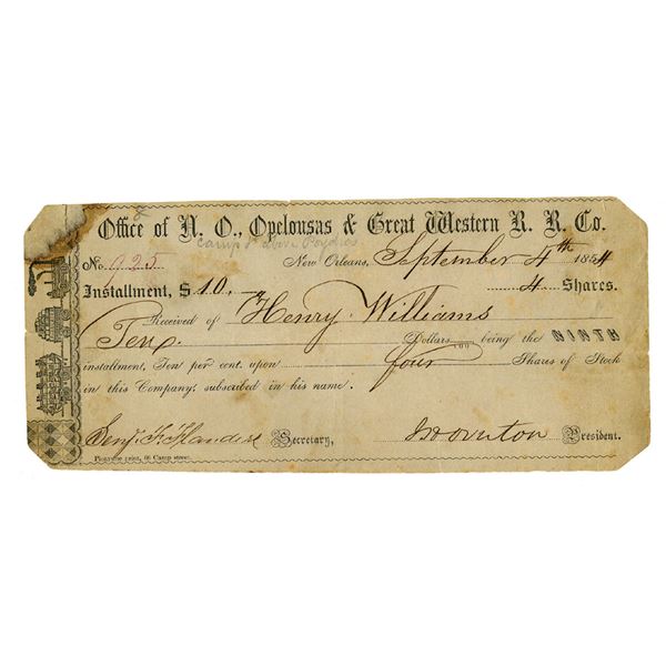 LA. New Orleans, Opelousas, & Great Western Railroad Co., 1854, I/U Stock Certificate Installment Pa