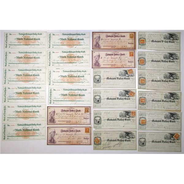 NY. National Mohawk Valley Bank, 1865 to 1873, Issued Group of RN-C and Adhesive Stamped Checks.