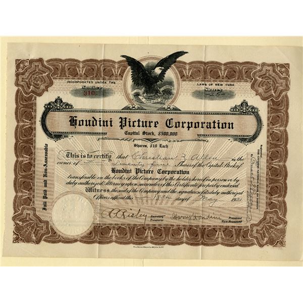 NY. Houdini Picture Corporation, 1921, I/U Stock Certificate Signed by Harry Houdini as President.