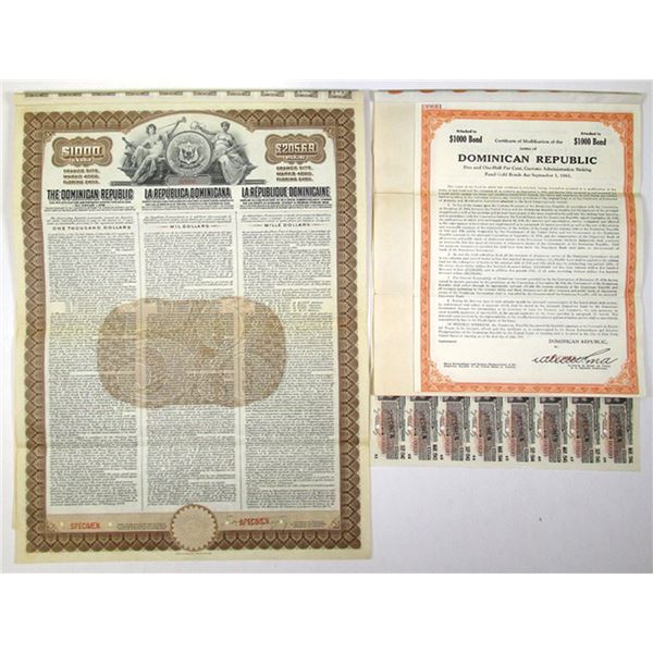Dominican Republic, 1908 and 1941, Specimen $1000 Gold Coupon Bond Pair