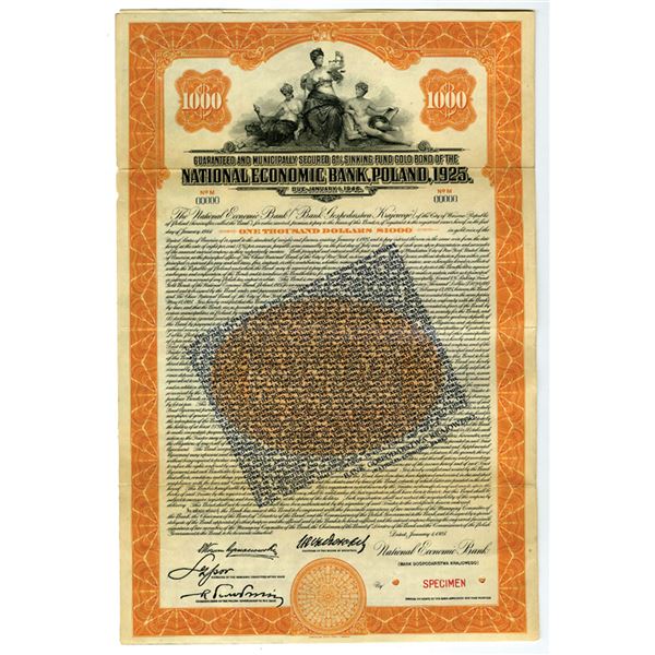 Poland. National Economic Bank, Poland, 1925, Specimen Gold Coupon Bond with Overprint "Going off th