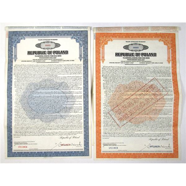 Poland. Republic of Poland, 1938, Dollar Sterling Tranche Specimen Coupon Bond Pair.