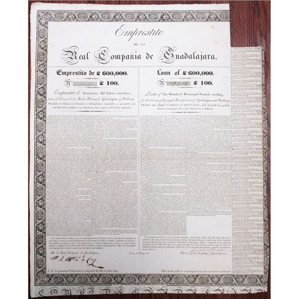 Spain. Real Compania de Guadalajara, Loan of £600,000. 1825, £100 Sterling I/U Bond