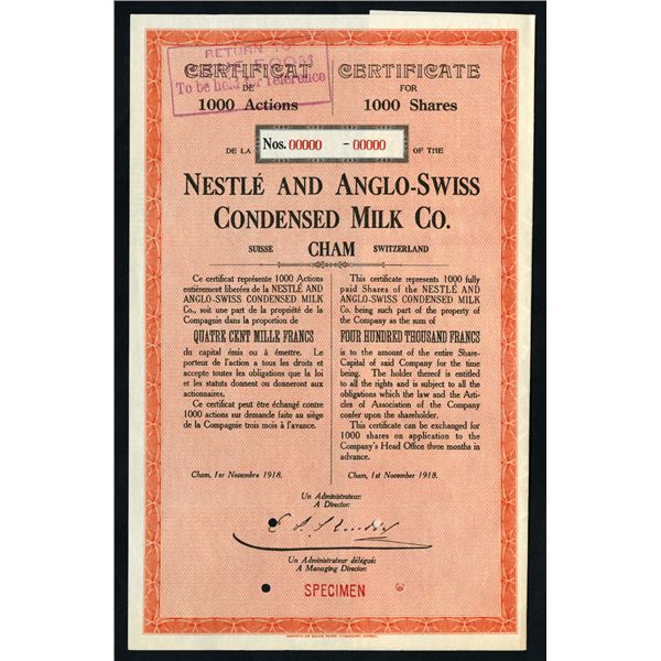 Switzerland. Nestle and Anglo-Swiss Condensed Milk Co., World War I Emergency Certificate. Specimen 
